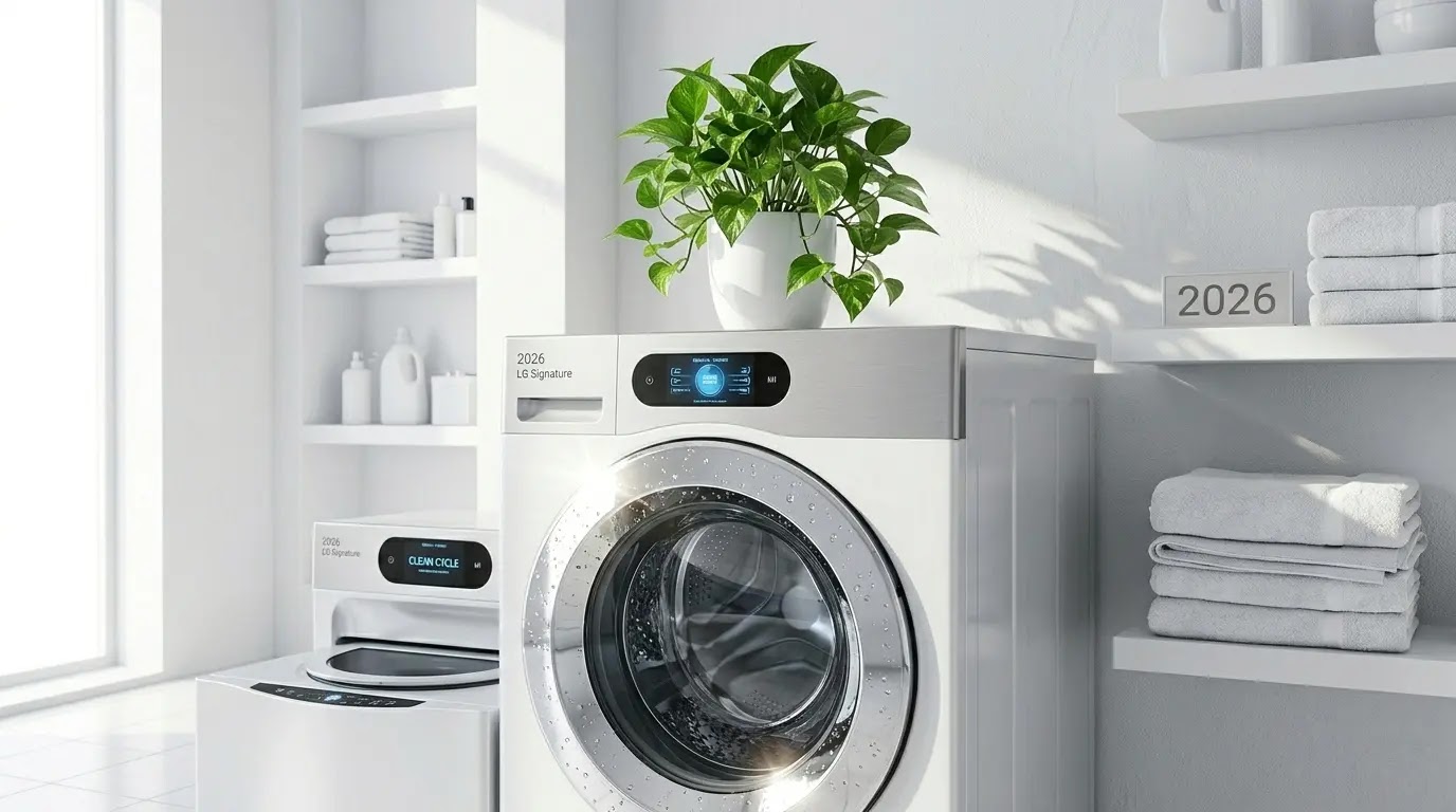 A sparkling clean LG front-load washing machine in a modern, bright laundry room.