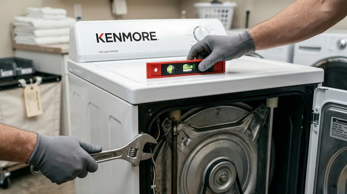 Professional technician leveling a Kenmore washing machine with a bubble level tool.