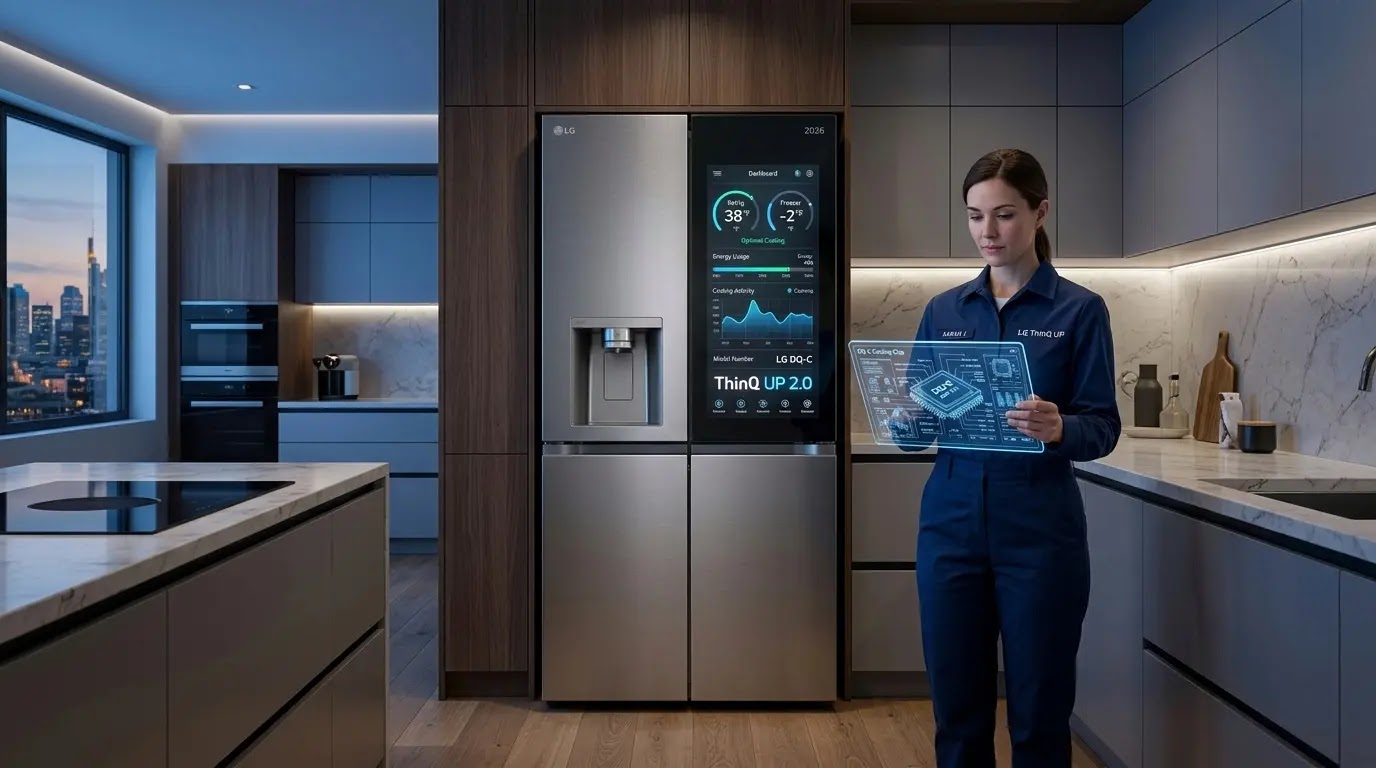 Expert technician auditing a 2026 LG Smart Refrigerator with ThinQ UP 2.0 interface.