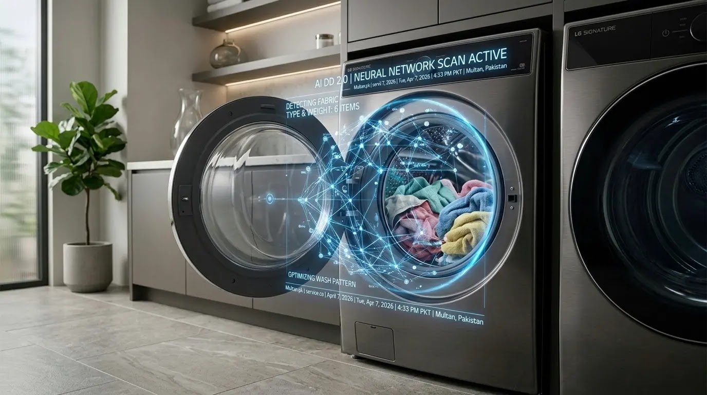 Technical audit of the LG 2026 AI DD 2.0 washing machine with holographic sensor data.