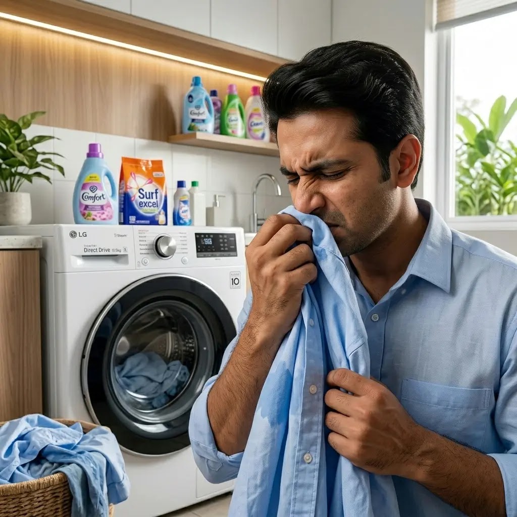 A person smelling a damp shirt from an LG front-load washer that has a bad odor.