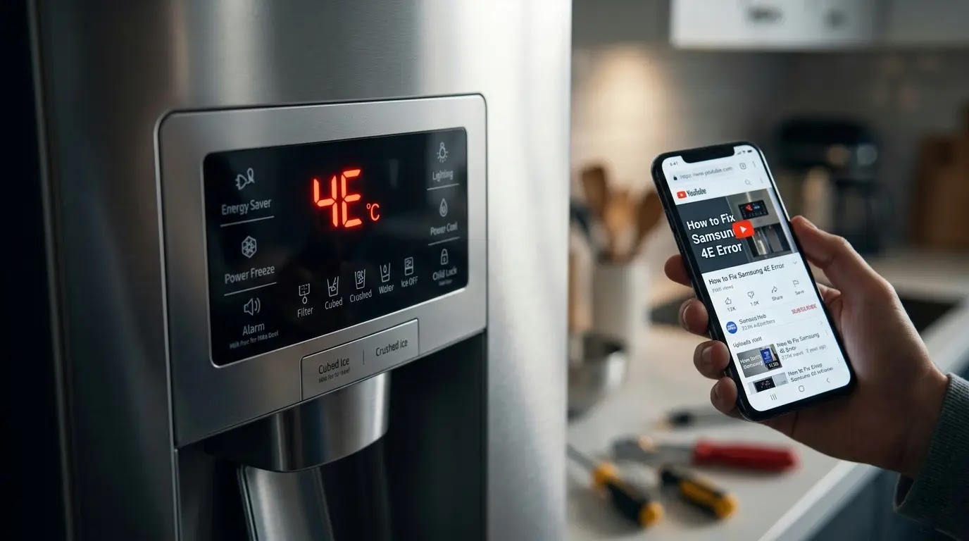 A Samsung refrigerator display panel showing error code 4E with a repair guide in the background.
