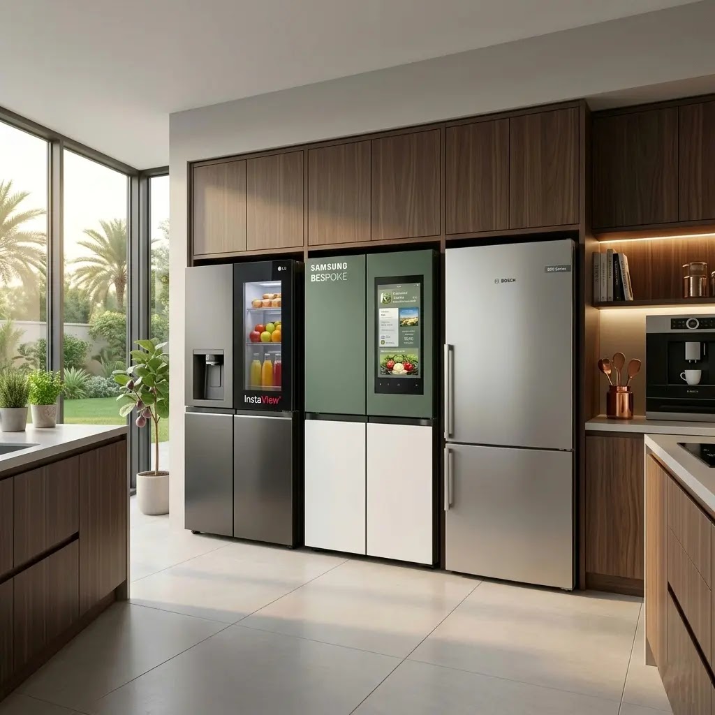 Expert comparison of LG, Samsung, and Bosch refrigerators in a modern 2026 kitchen.