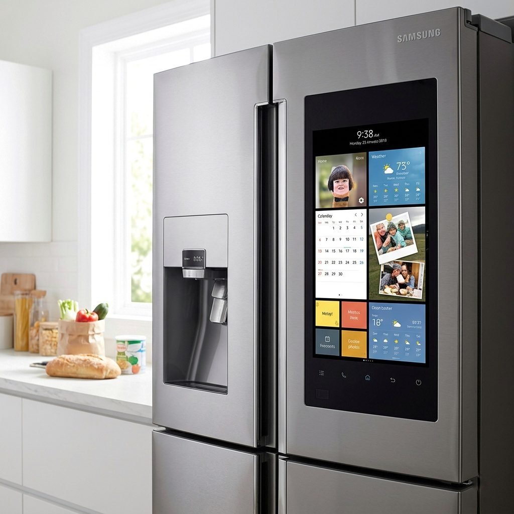 A 2026 Samsung Bespoke AI refrigerator with an active digital diagnostic screen in a modern kitchen.