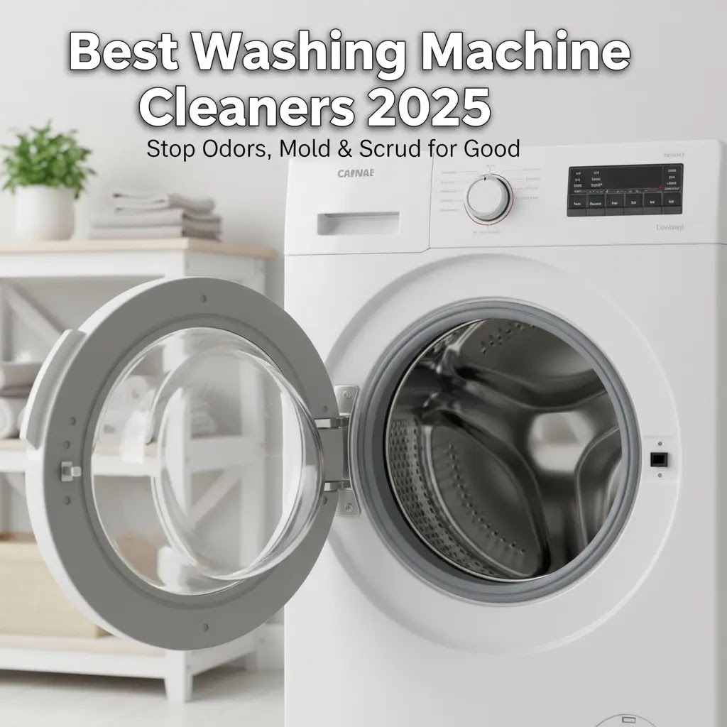 Front-load washing machine with door open showing moisture and residue inside drum.