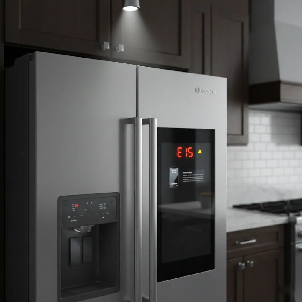 Close-up of Bosch 800 series refrigerator screen showing E15 error code warning.