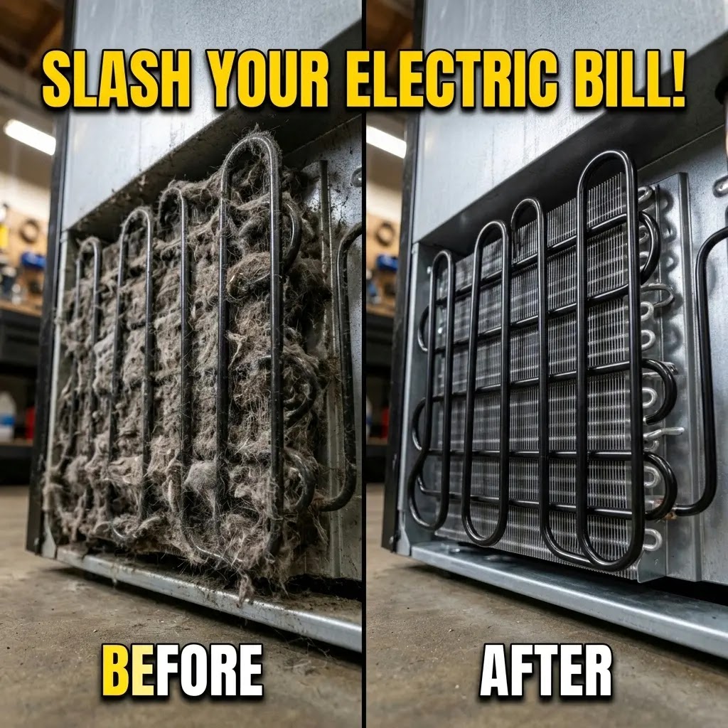 Comparison of dirty, dust-covered coils vs clean Samsung refrigerator condenser coils.