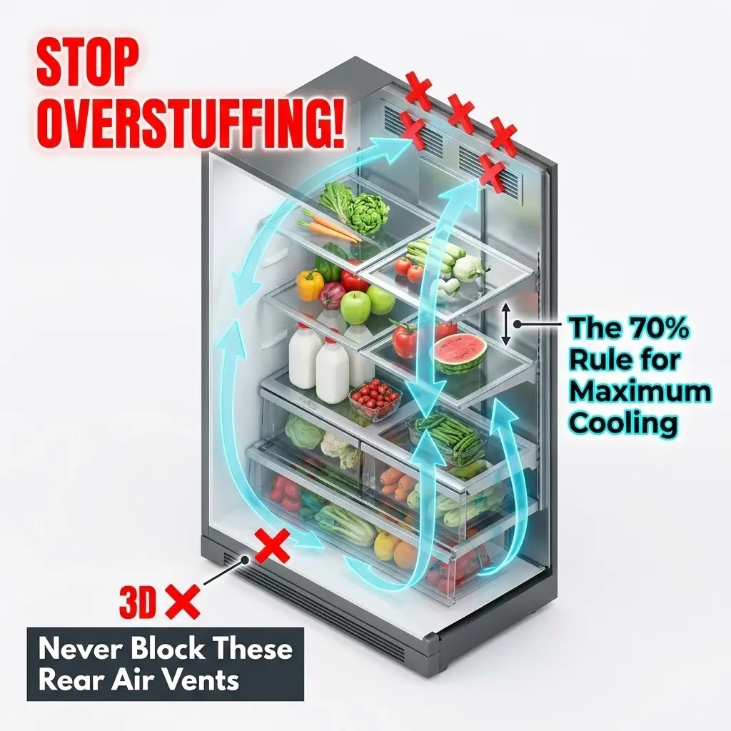 3D diagram of refrigerator air circulation and 70 percent rule