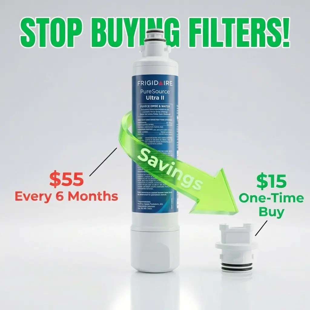 A genuine Frigidaire PureSource Ultra II water filter next to a small white plastic bypass plug.