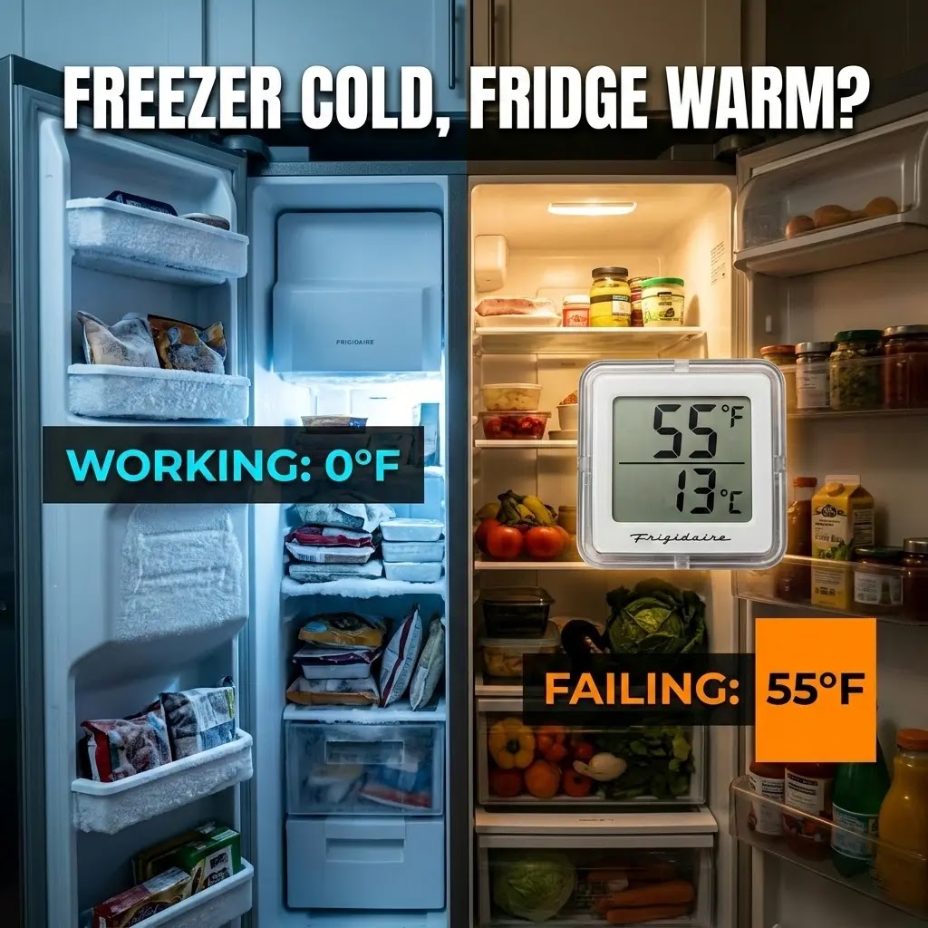 Side-by-side refrigerator showing a frozen freezer and a warm refrigerator section with a thermometer.