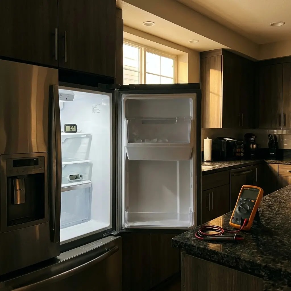 Troubleshooting a GE refrigerator ice maker that is not producing ice.