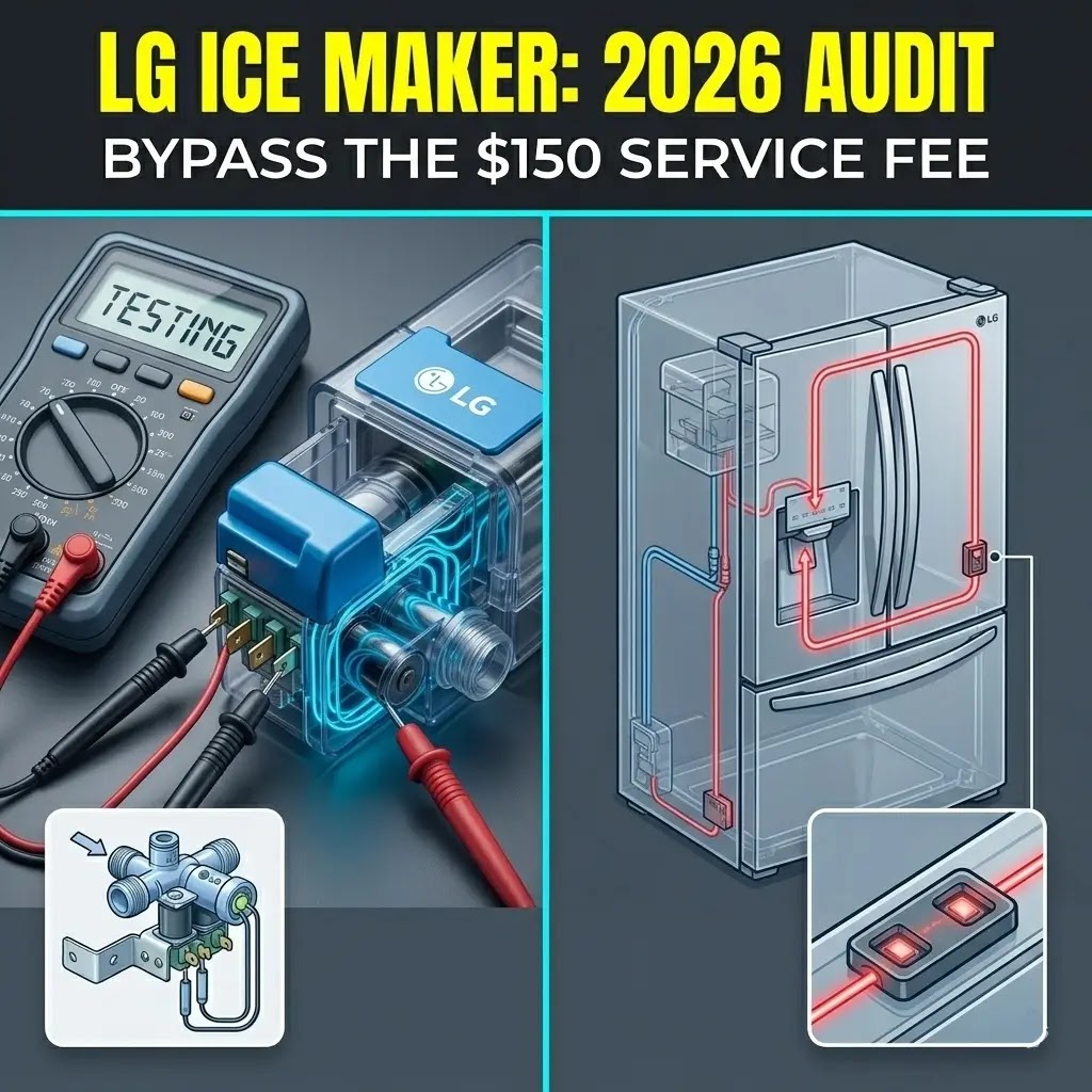 Technical 2026 guide for fixing LG ice maker failures, featuring infrared sensor cleaning and harvest cycle reset.