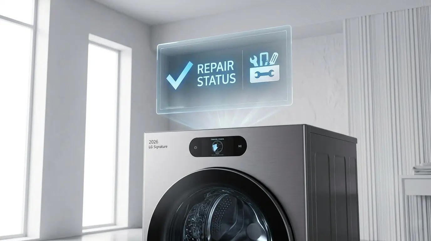 Holographic interface showing repair status on a 2026 LG Signature washing machine.