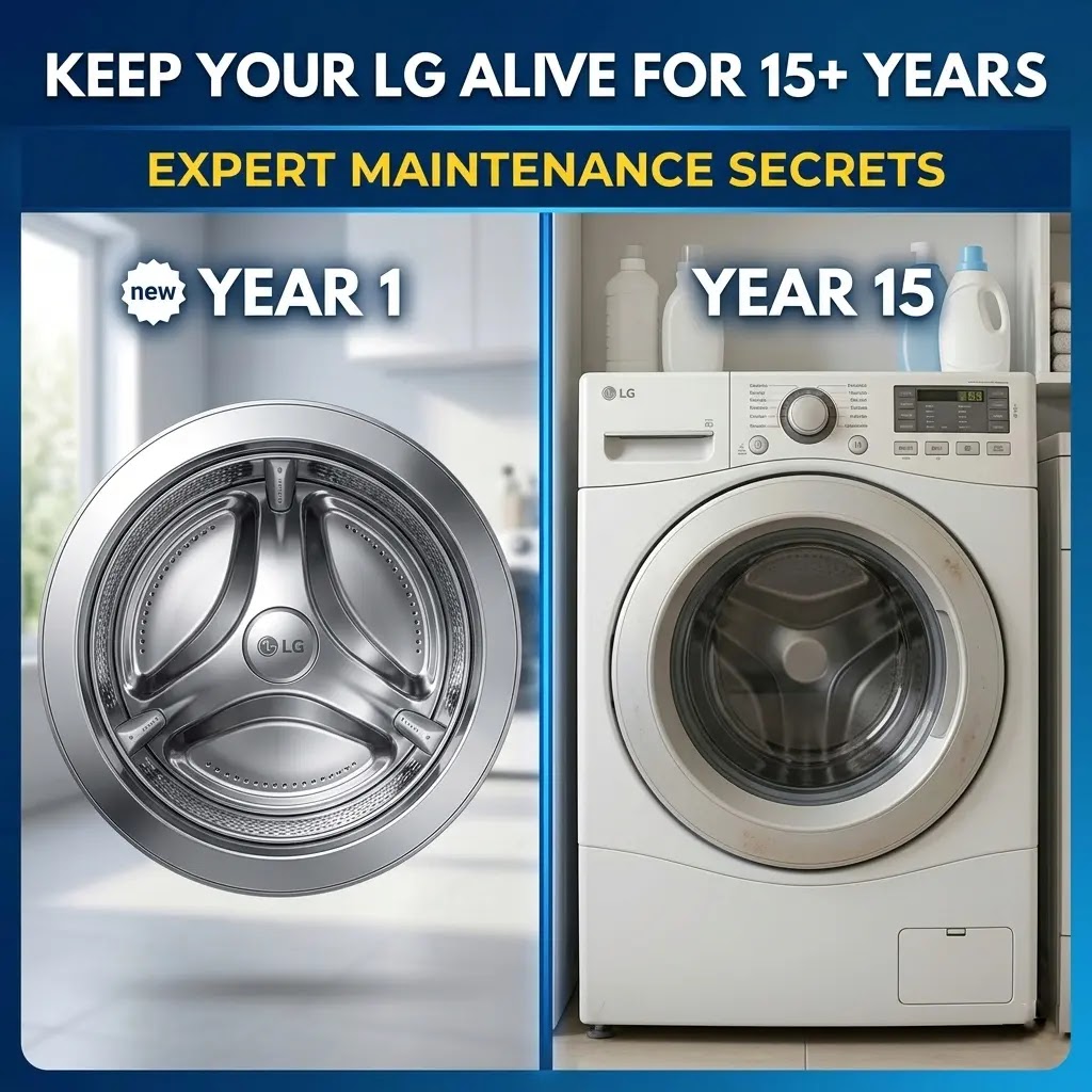 Professional technician inspecting LG Inverter Direct Drive washing machine drum for maintenance.