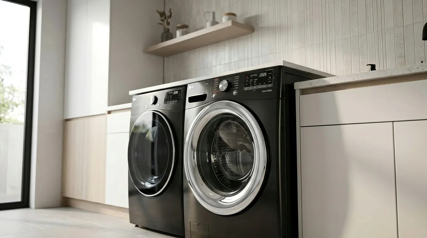 Modern LG Front Load Washing Machine 2026 model in a stylish laundry room setting.