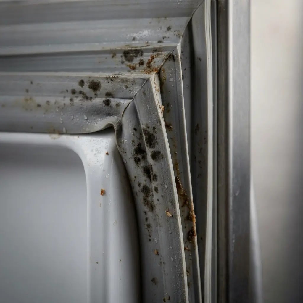 Close-up of black mold buildup on a refrigerator door gasket.