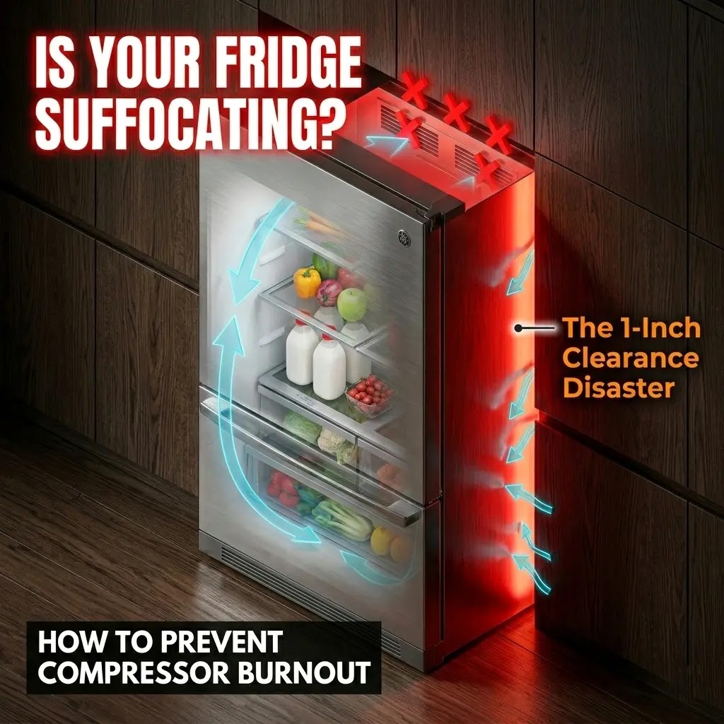 Counter-depth refrigerator trapped tightly in a modern kitchen cabinet with heat waves