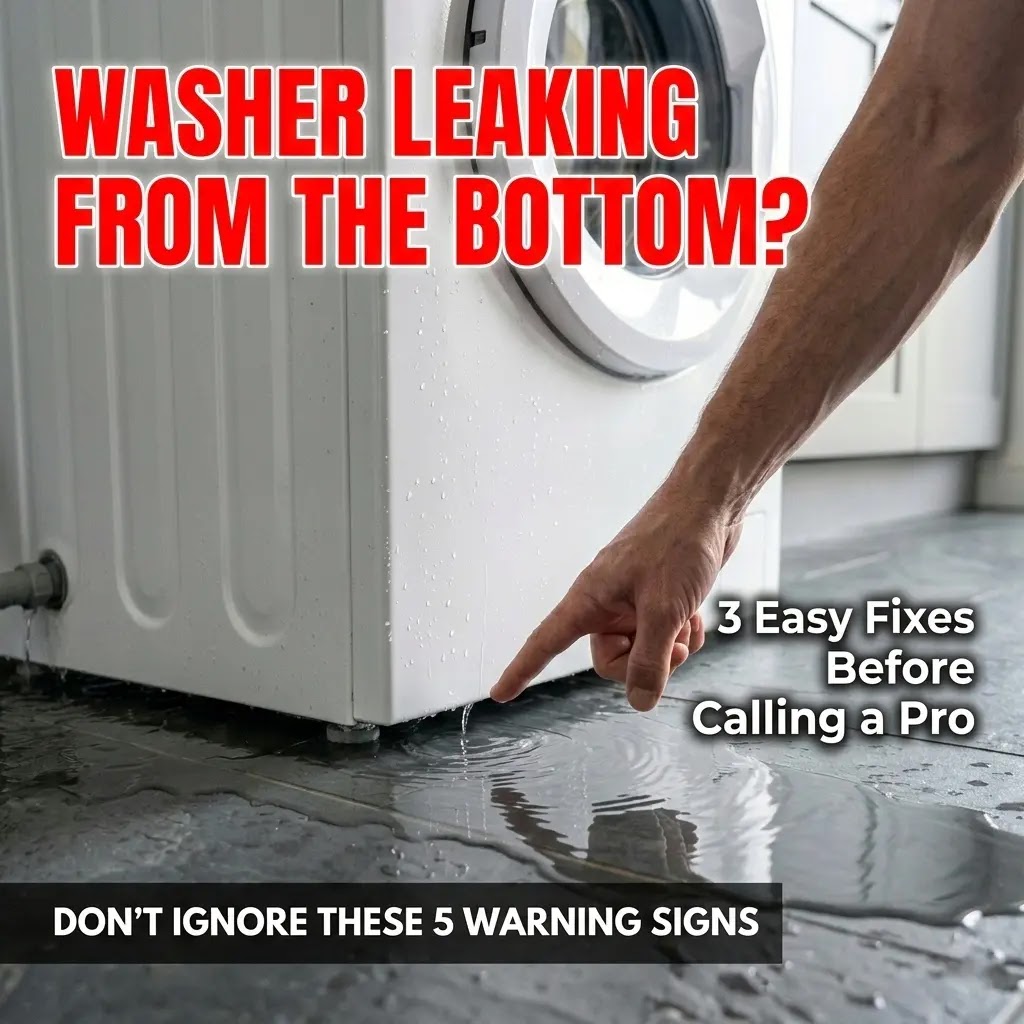 Person inspecting a water puddle under a white portable washing machine