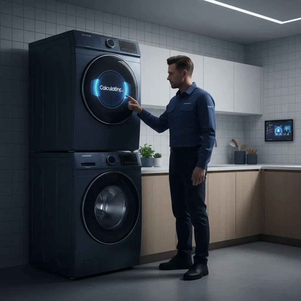 Samsung Bespoke AI washer display showing calculating screen with a repair expert.