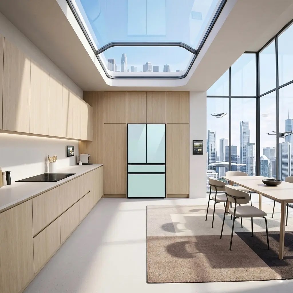 A Samsung Bespoke 4-Door Flex refrigerator installed flush with kitchen cabinetry for a built-in look.