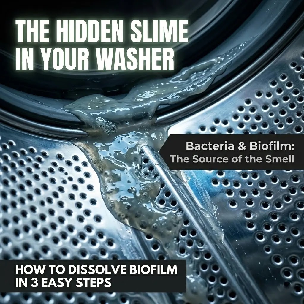 A professional view of a washing machine drum with a glowing bacterial biofilm layer.