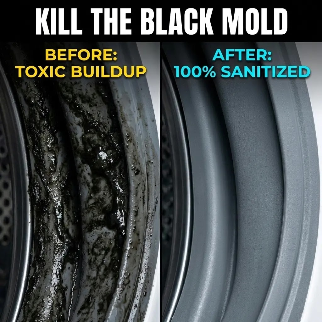 Before and after comparison of a moldy washing machine gasket being cleaned.