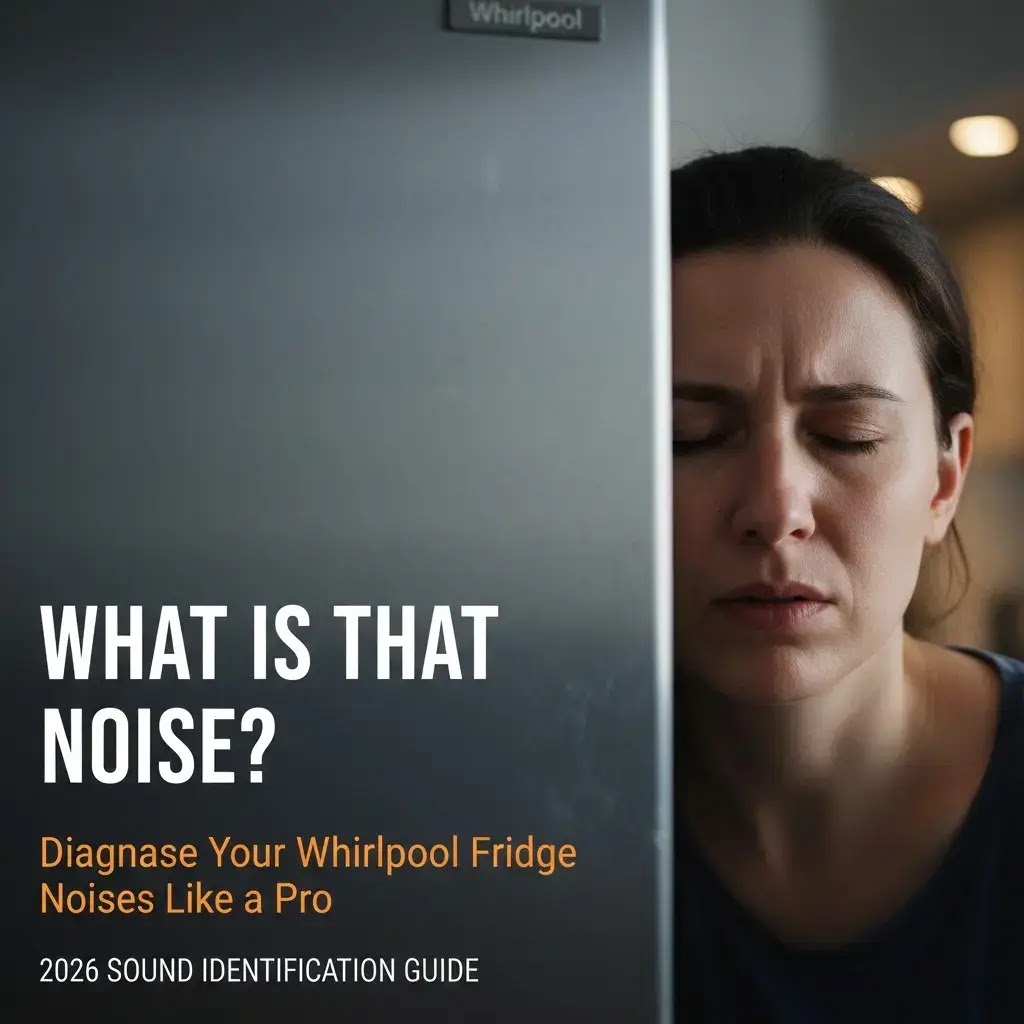 A homeowner looking concerned while listening to the constant humming sound of a modern Whirlpool refrigerator in a kitchen.