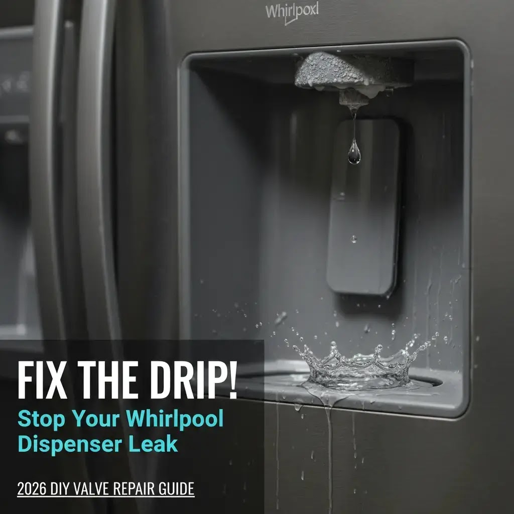 A close-up of a Whirlpool refrigerator water dispenser dripping into a tray, with a small puddle visible on the kitchen floor.